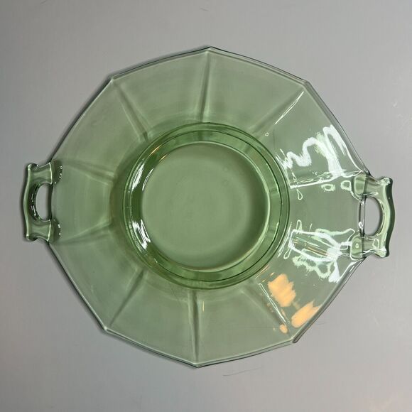 Cake Plate Vintage Green Depression Glass 11" Handled Octagon - Picture 2 of 8
